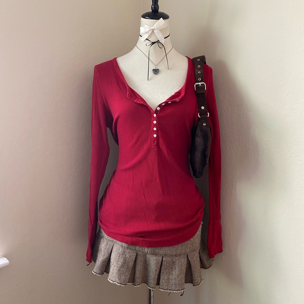 Aeropostale Red Button-Up Long Sleeve Blouse